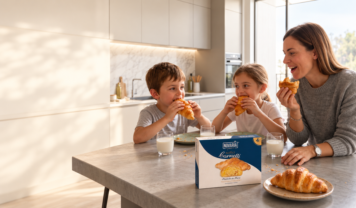 Una famiglia a colazione con i cornetti Novaria